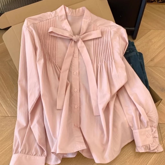 None Tops - Pink Pleated Bow Tie Blouse